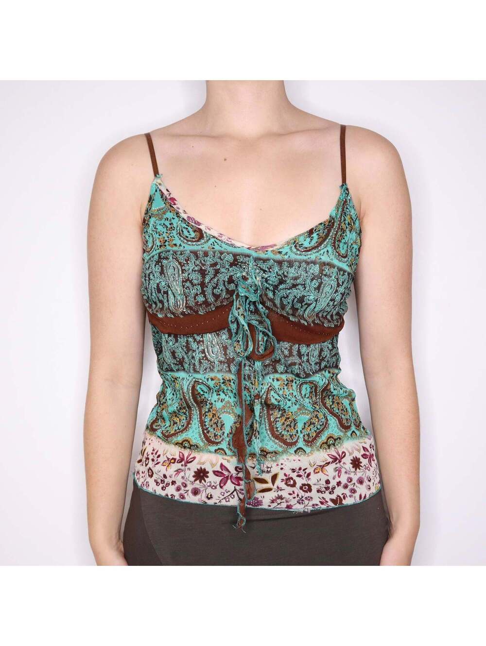 Y2K Boho Teal and Brown Babydoll Camisole (S)
